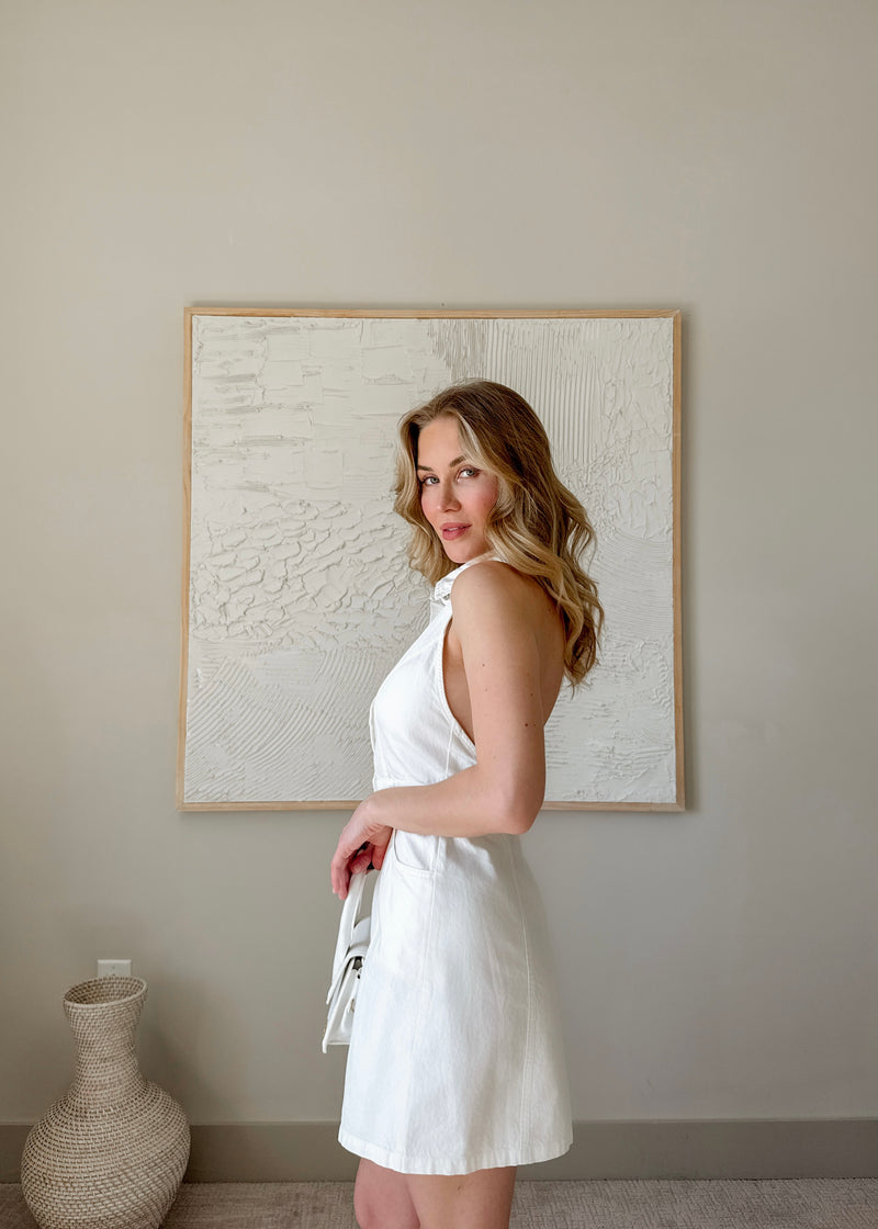 white halter denim dress White Denim Halter Neck Sleeveless Front Zip Dress SSYS
