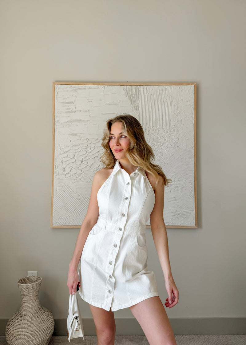 Halter White Denim Dress