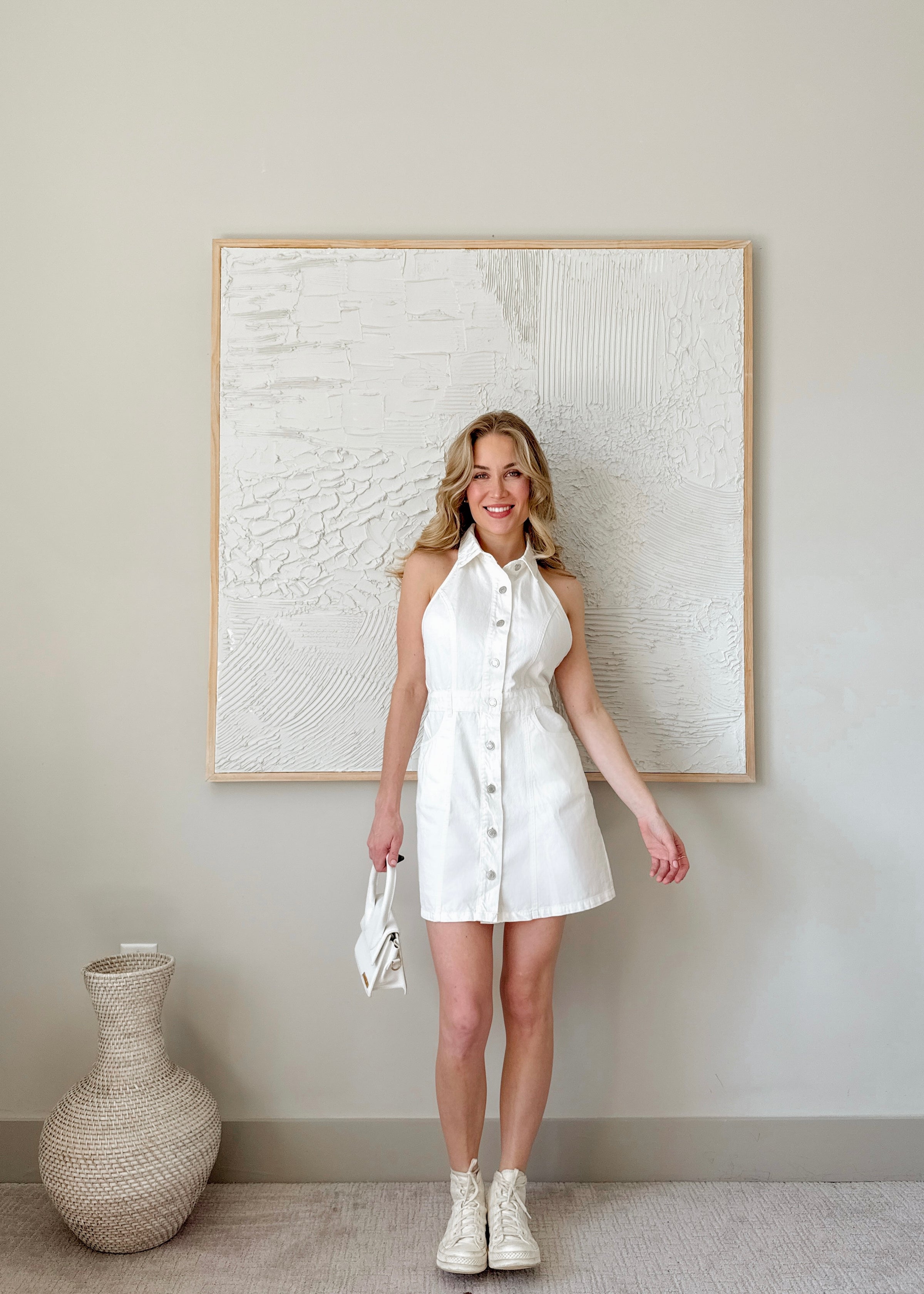 white denim halter dress Corbin White Denim Halter Neck Mini Dress